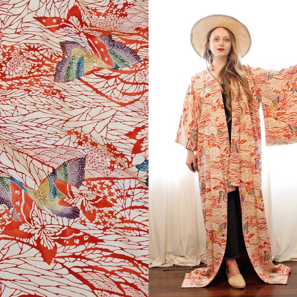 vintage 100% silk Japanese kimono robe cream orange rainbow whimsical butterfly print bohemian hippie boudoir style
