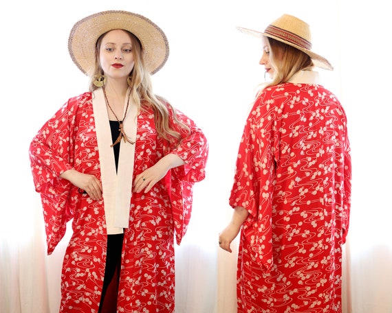 Vintage Red Japanese 100% silk cropped kimono nag… - image 4