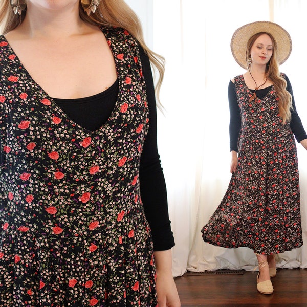Vintage 1990s whimsigoth black pink rose print jumper dress deep V neck with shell buttons up the side 90s
