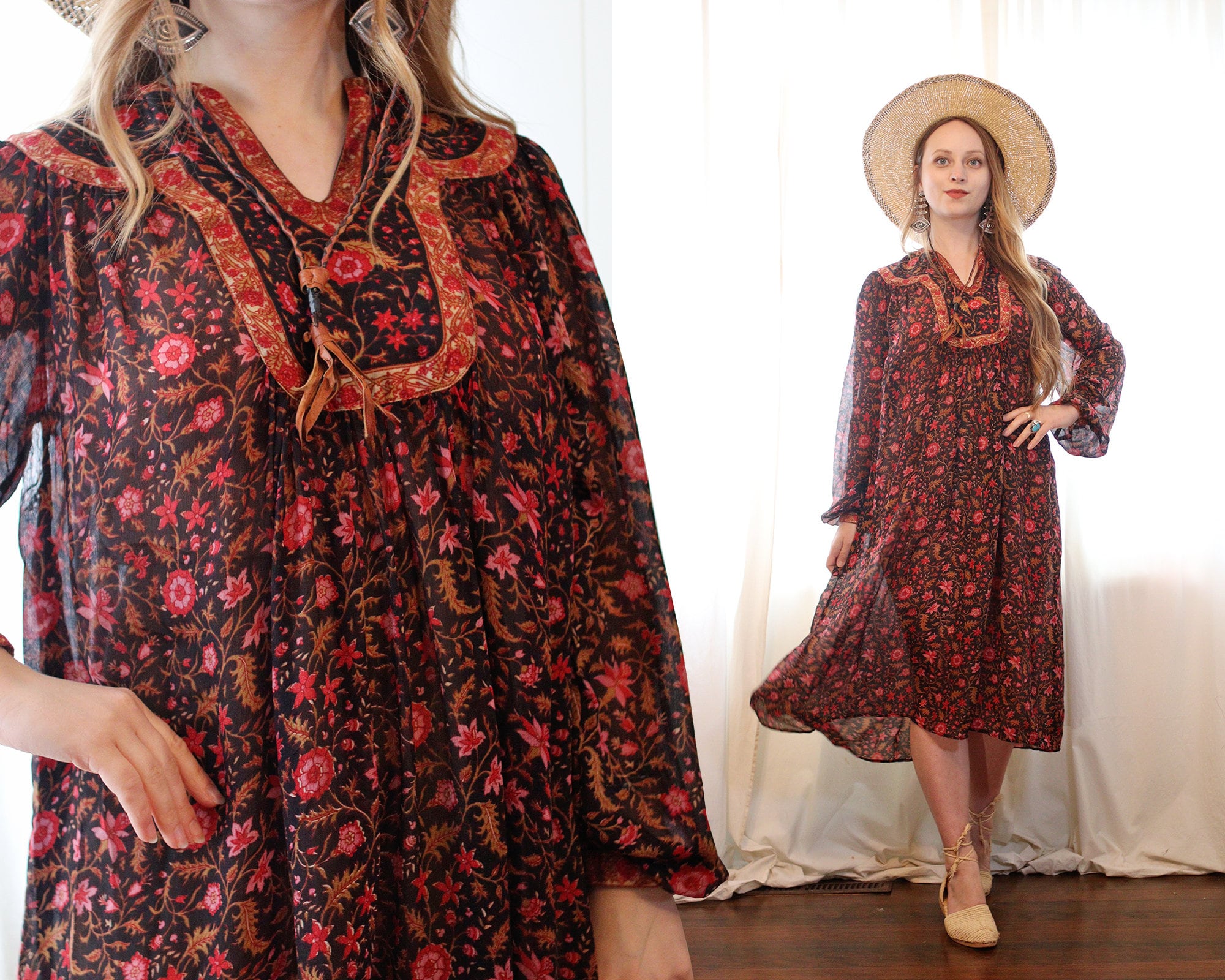 シルクRitu Kumar for Judith Ann ぼたん花柄ワンピース 70s Vintage Ritu Kumar Judith Ann Silk Floral Block Print