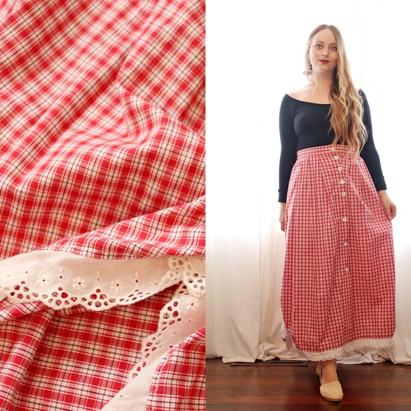 vintage Alphorn Autriche red check plaid vichy blanc oeillet trim Trachten folk allemand Octoberfest style jupe Plus taille 2x 3x