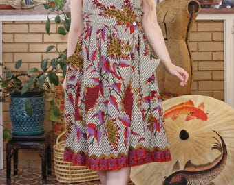 Vintage 1960s Indonesian Print Cotton Wrap Front Pinafore Midi Dress Patch Pockets Sleeveless Bird Folk White Moss Green Red Purple