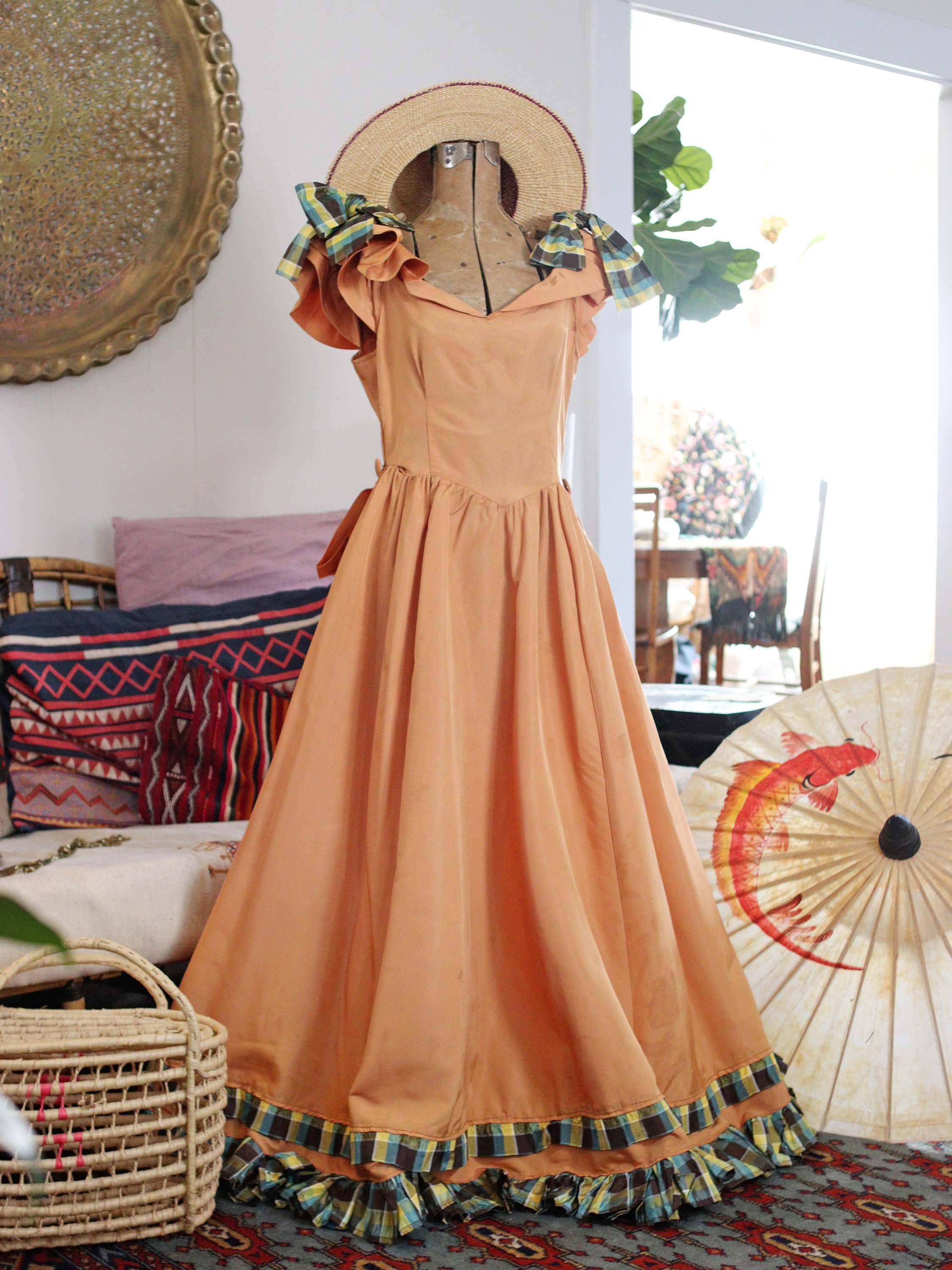 Vintage 1940s Southern Bell Maxi Gown Dress Ruffle Shoulders