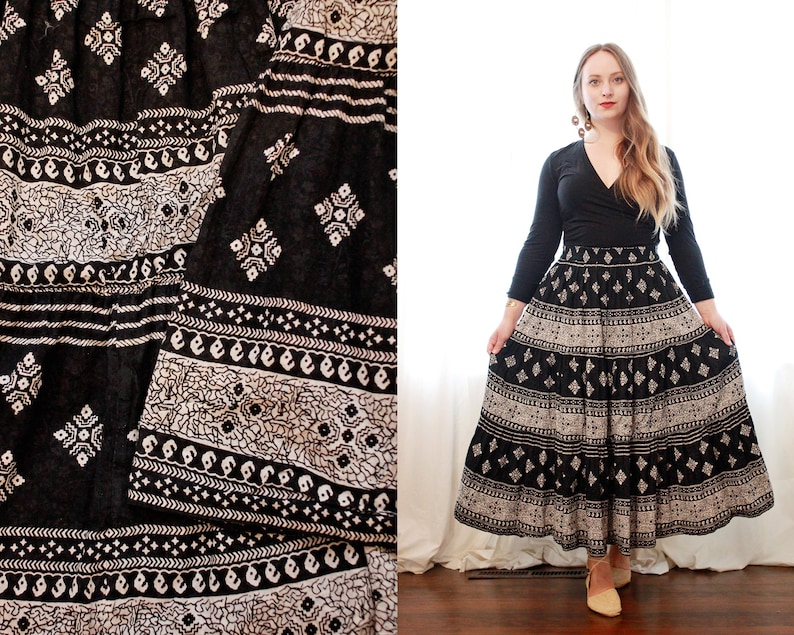 Vintage Phool Indian cotton gauze broomstick peasant Black and white block print style midi skirt boHo hippie