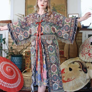 Vintage Woven Cotton Tapestry Blanket Coat Fringe Hem Rust Ribbon Ties Moss Green Geometric Pattern Handmade Slow Fashion