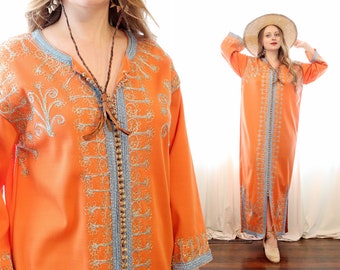 Psychedelic vintage orange Moroccan style caftan dress metallic gold blue embroidery button front bohemian hippie style