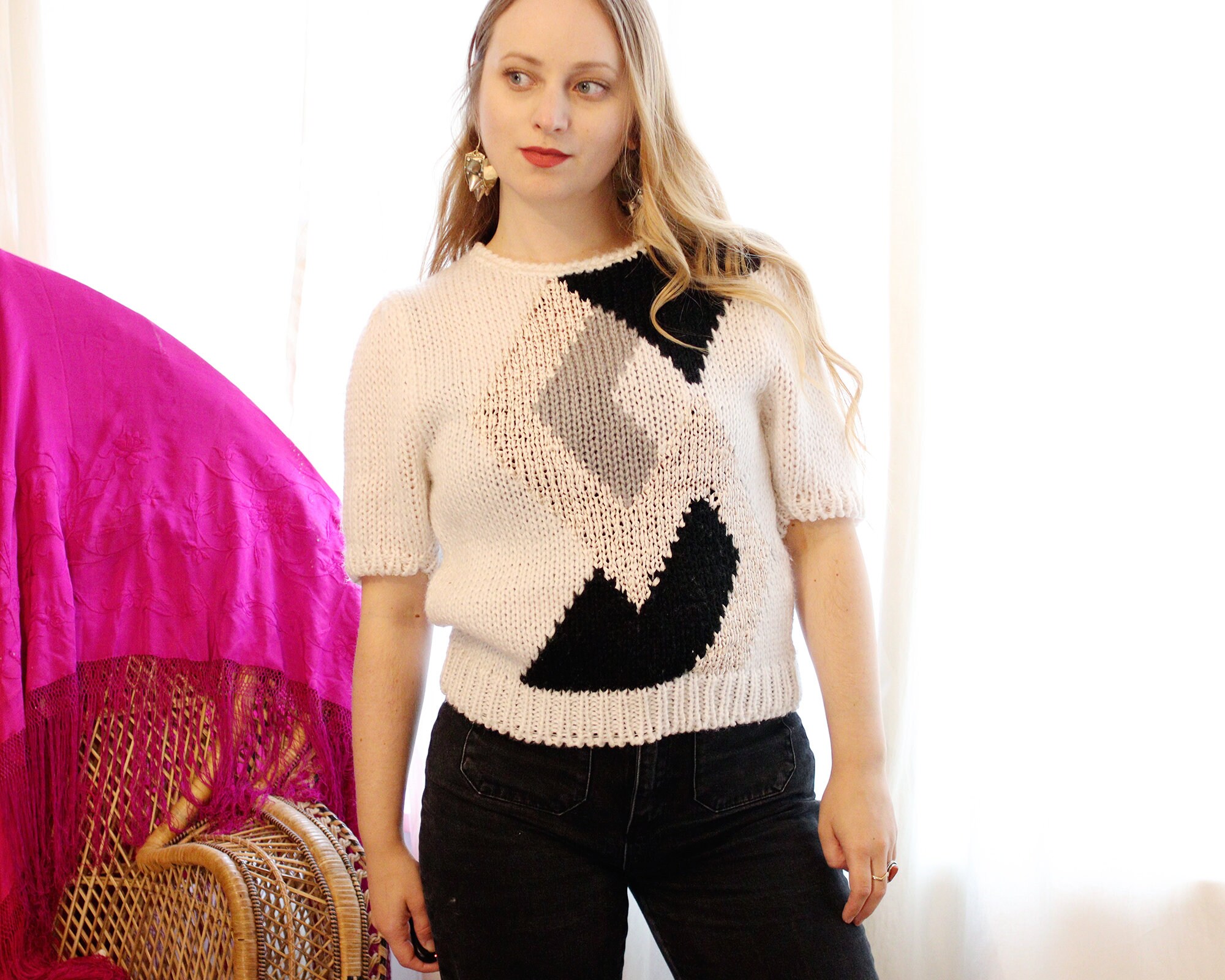 Vintage 1980s Short Puff Sleeve Geo Graphic Woven Print