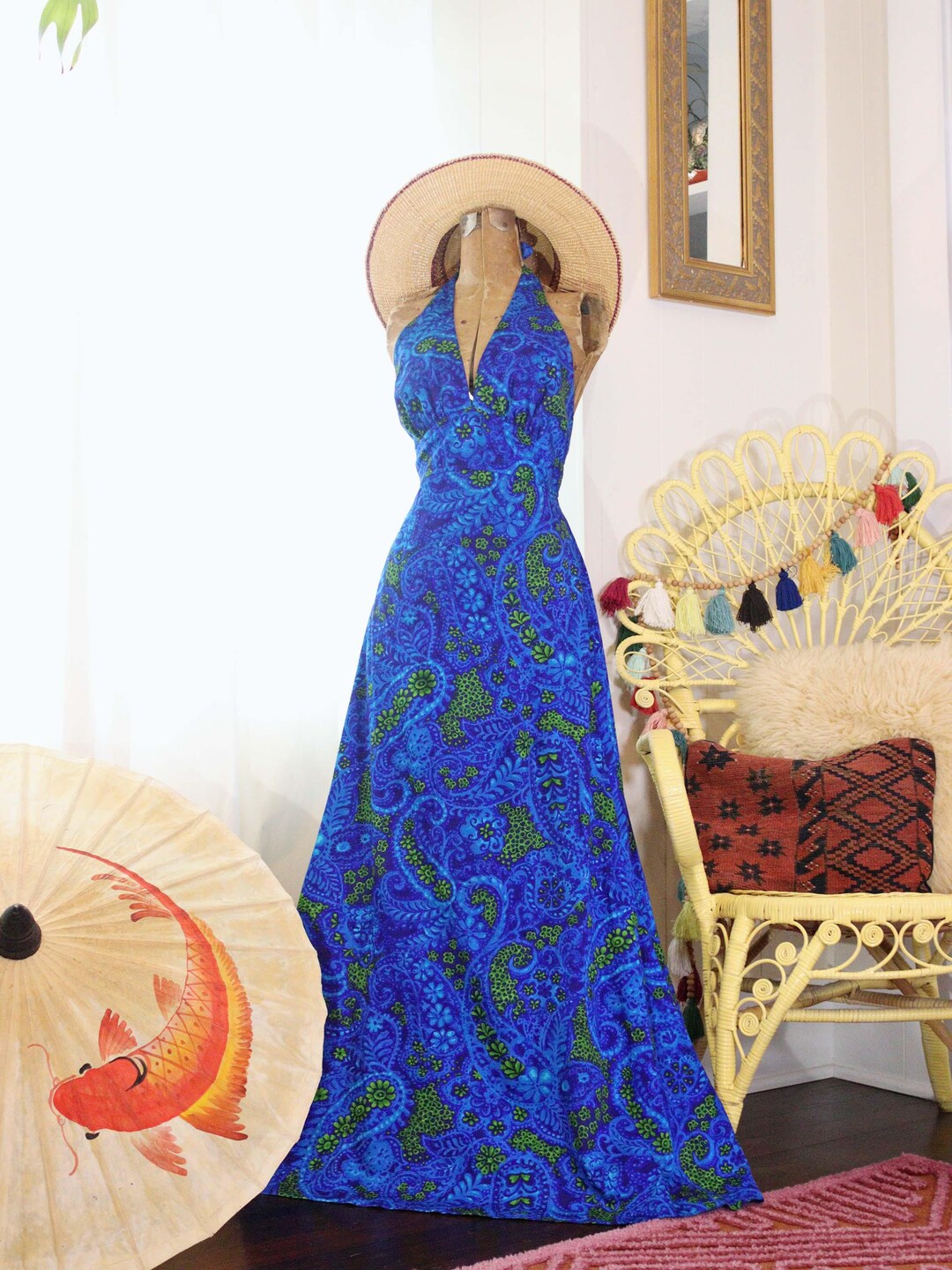 Vintage 1970s Psychedelic Paisley Print Hawaiian Halter Maxi Dress Blue ...