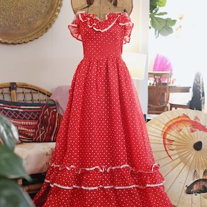 Vintage Gunne Sax Dress Red White Polka Dot Strapless Sweetheart Ruffle Bodice Ballgown Prom Gown Basque Waist Saloon Bohemian Size 9