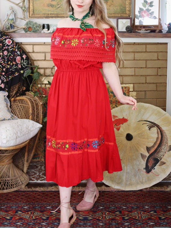 Vintage Mexican Off Shoulder Midi Dress Red Cotton Crochet Ruffle Trim Hand Wmbroidered Flowers Hippie Folk Style