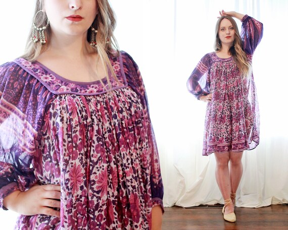 Vintage Indian cotton gauze purple white block pri