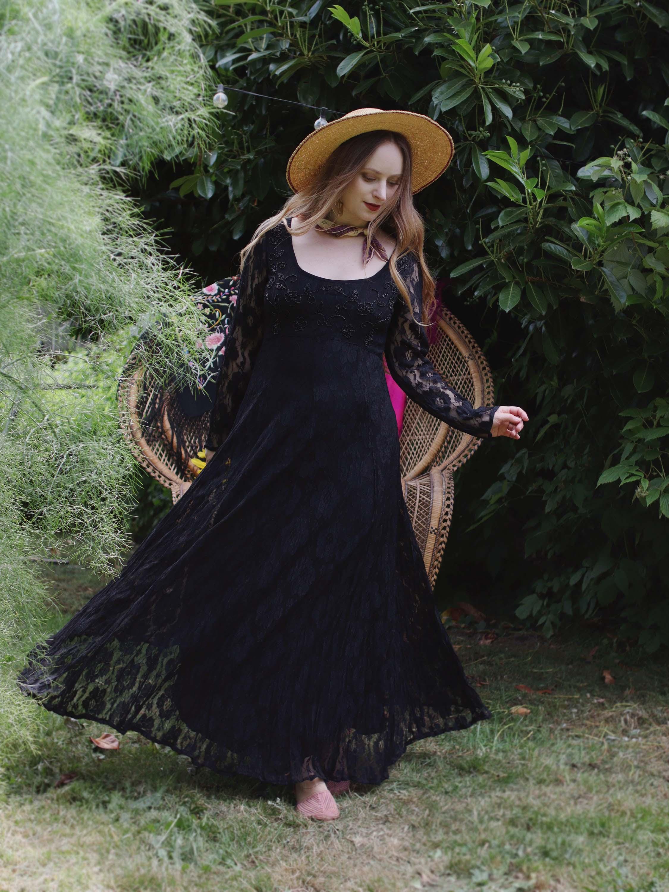 Vintage 1990s Whimsigoth Dress Black Lace Beaded Bodice