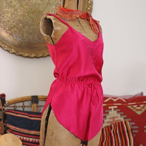 Vintage Burgundy Red Lingerie Teddy Playsuit Romper one-piece nightie with high side shorts embroidered scallop trim 1980s 80s 90s