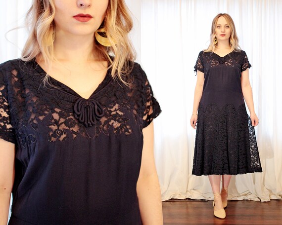 Vintage 1930s 1940s drop waist navy indigo blue la