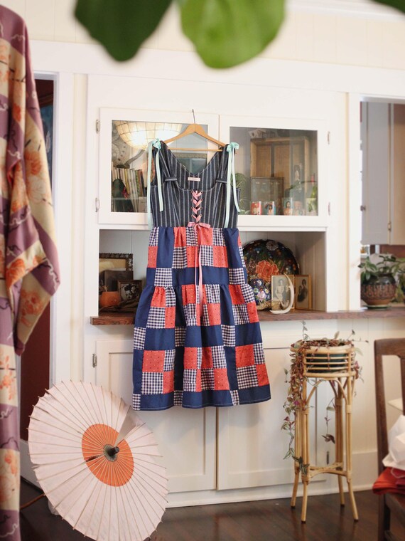 Corset Bodice Midi Dress Scoop Neck Quilted Patchwork Autumn