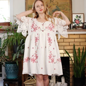 Handmade upcycled white embroidered linen crochet doily flutter sleeve scoop neck button empire waist boxy shift mini dress cottagecore