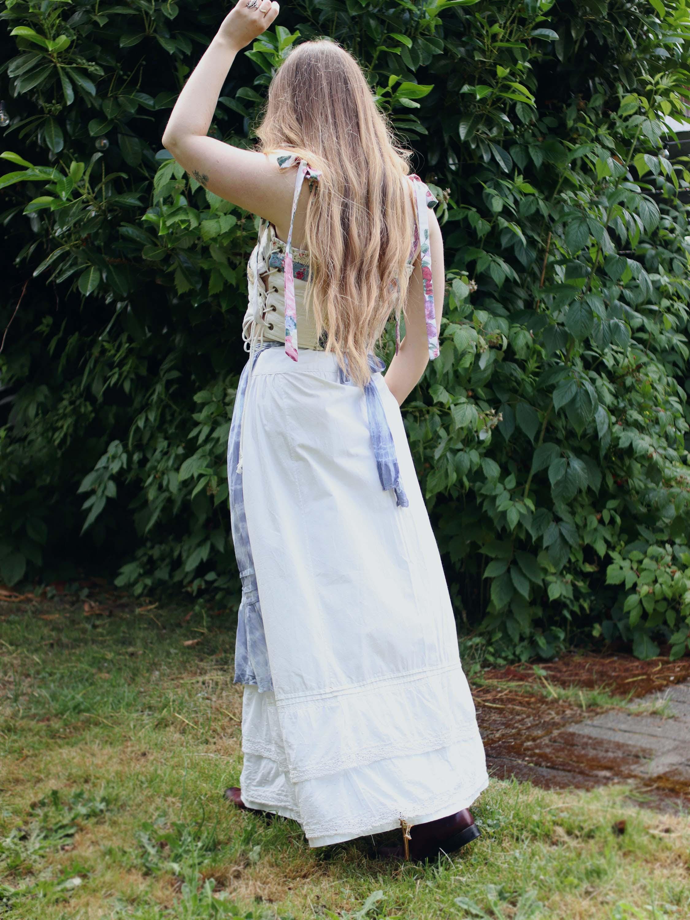 Antique 1910s White Cotton Edwardian Petticoat Skirt Victorian Full Length Embroidery Lace Tie Waist Slip