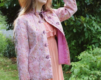Vintage soft pink and metallic gold satin brocade Chinese folk style quilted puffy jacket with pockets frog clasps