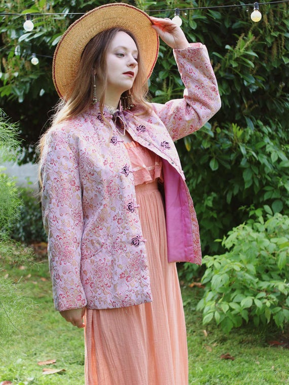 Vintage Soft Pink and Metallic Gold Satin Brocade Chinese Folk