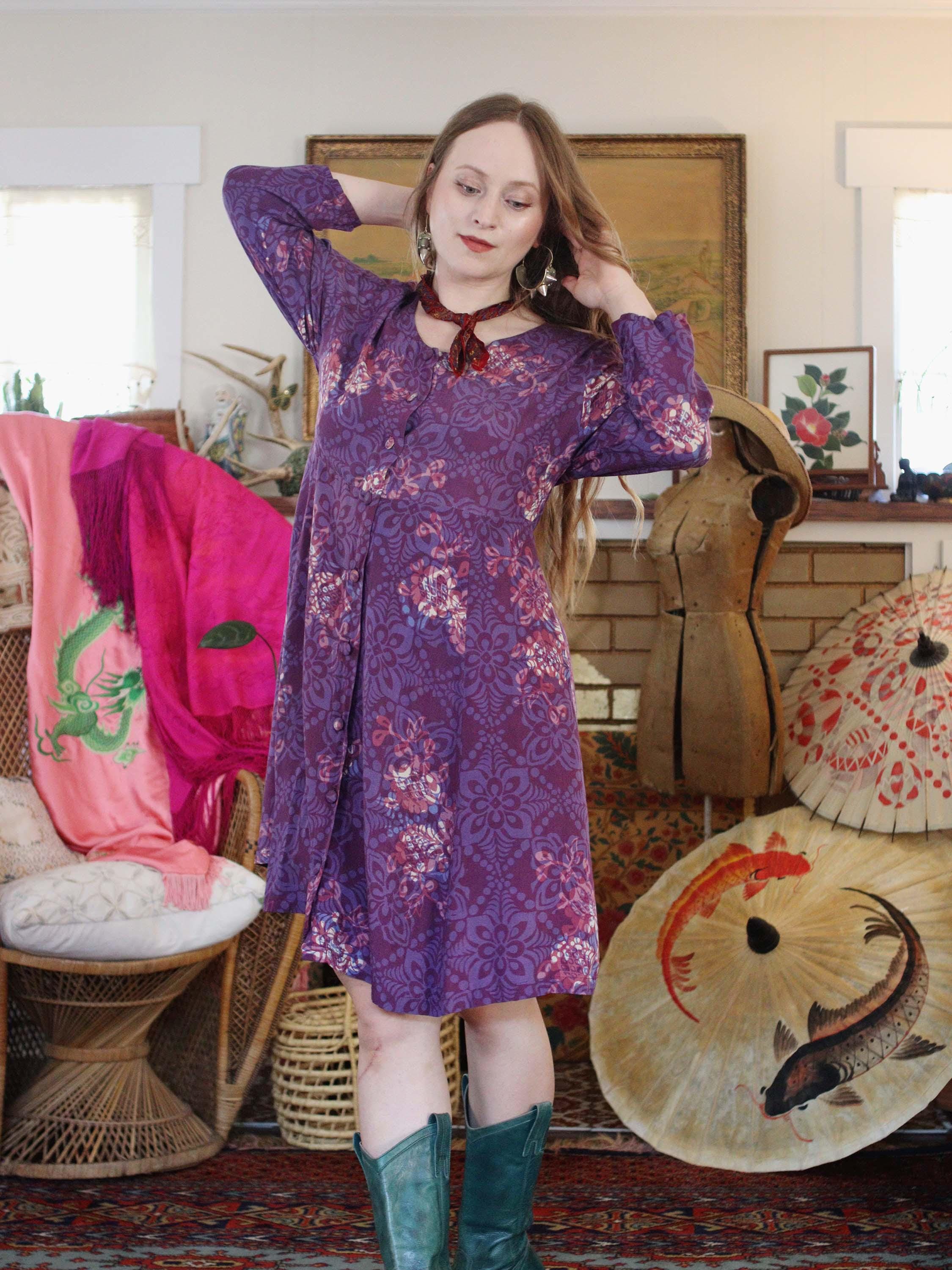 Vintage 1990s Mini Babydoll Dress Button up Long Sleeve Indonesian