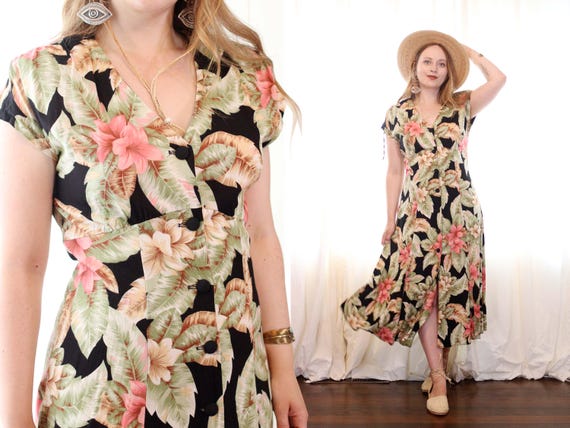 empire waist hawaiian dress Empire Waist Tea Length Hawaiian Dress Nuuanu Valley Blue / M