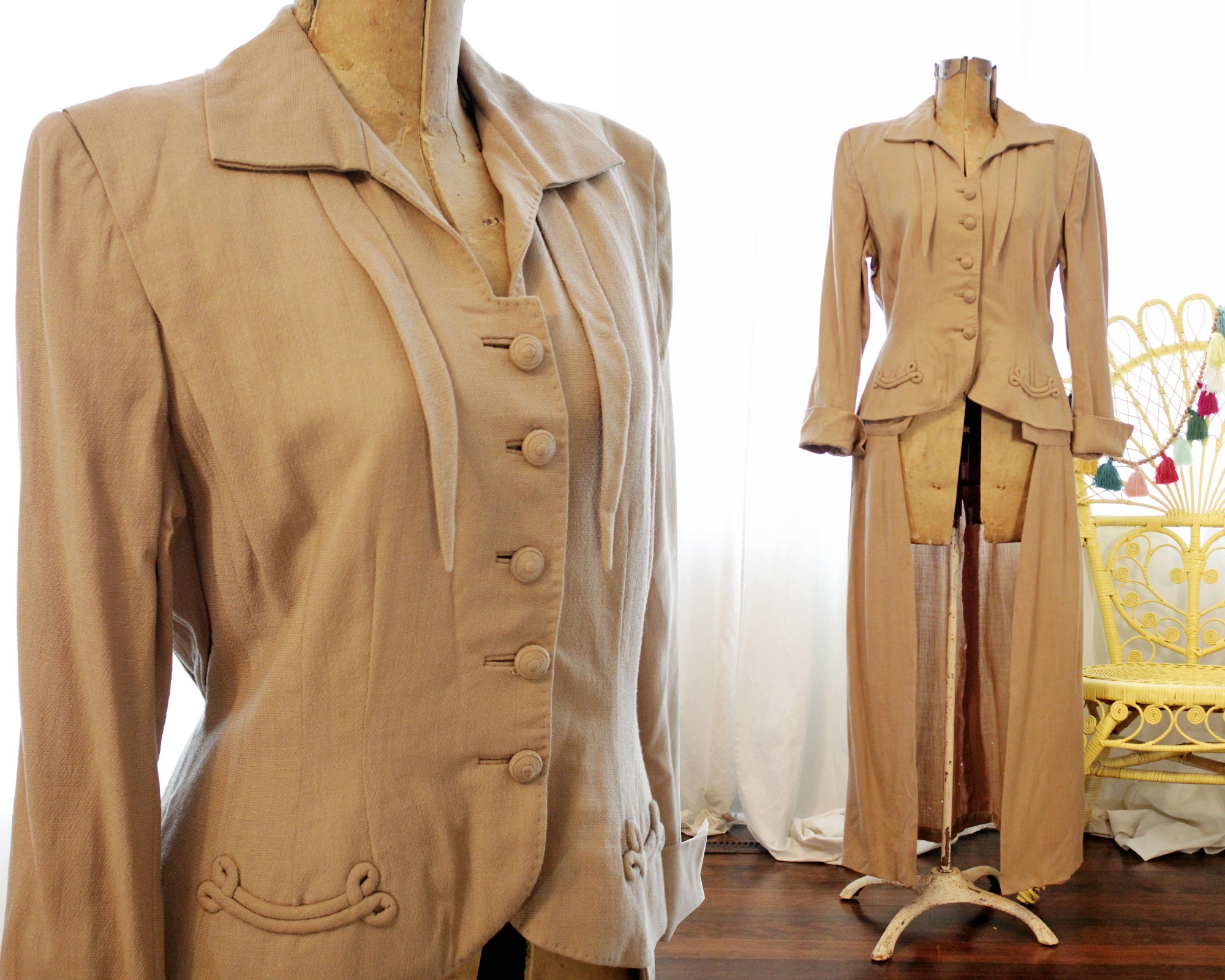 Real Vintage Search Engine Vintage 1940S 1930S Friedmont Wool Skirted Suit Jacket Maxi Coat Beige Tan Pocket Appliqué Notched Lapels $86.25 AT vintagedancer.com