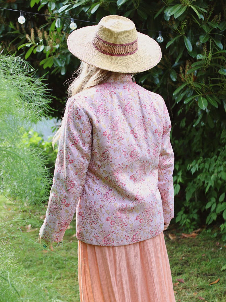 Vintage Soft Pink and Metallic Gold Satin Brocade Chinese Folk Style ...
