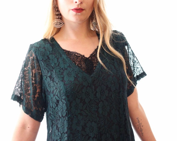 Vintage 1990s deep emerald green and black lace h… - image 3