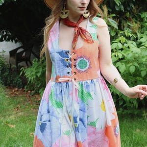 Corset Bodice Midi Dress Medieval Revival Renaissance Scoop Neck dirndl Vintage 1960 Flower Power Handmade cottagecore orange blue pink
