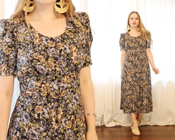 Vintage 1990s does 1940s rayon dark autumn floral… - image 3