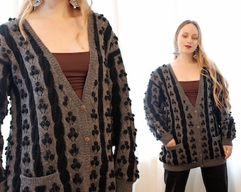 Vintage Grey and black 100% wool cable knit striped bobble Adrienne Vittadini V neck cardigan sweater