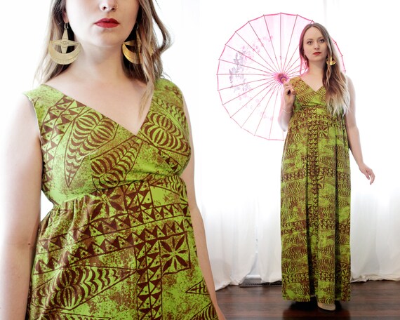 Vintage 1960s Polynesian Hawaiian avocado green an