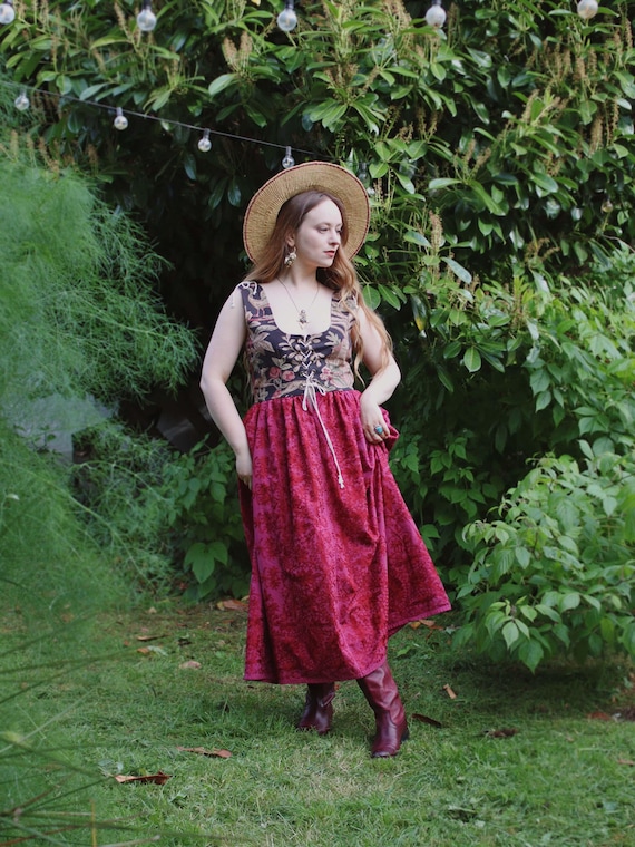 corset bodice midi dress Corset Bodice Gothic Midi Dress Medieval Revival Renaissance Scoop Neck  Dirndl Vintage Tapestry Crewel Embroidery Handmade Black Wine Red