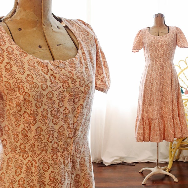 Vintage India Imports of Rhode Island woodblock printed cotton short sleeve button front hippie Indian midi folk dress pink peach cream tan