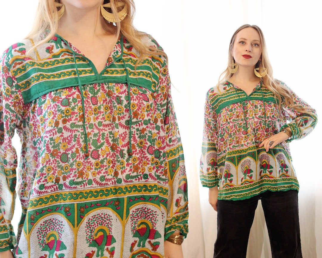 Indian Gauze Cotton Roll Tab 3/4 Sleeve Long Tunic Loose Fit Shirt Blouse Top Sita (#22, Regular)