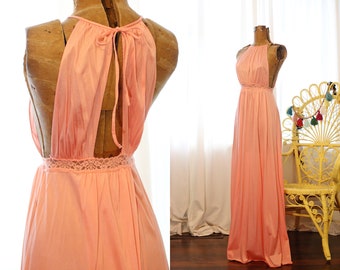 Vintage 1970s 1980s peach orange halter neck open back JC Penny nylon maxi lingerie chemise slip 70s 80s