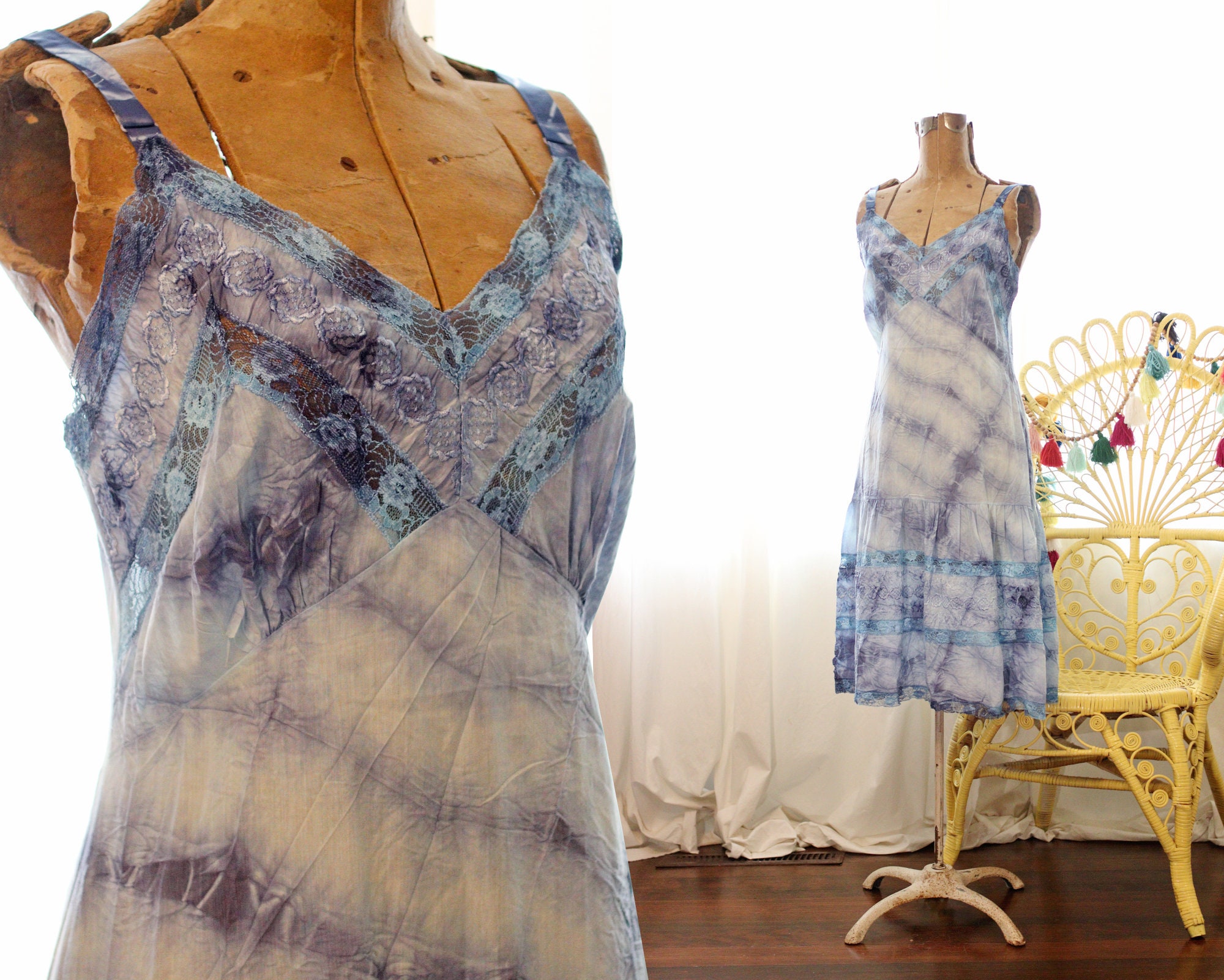 Vintage upcycled 1960s cotton blend lace and pintucks embroidered indigo blue shibori tie dye slip chemise dress retro 60s