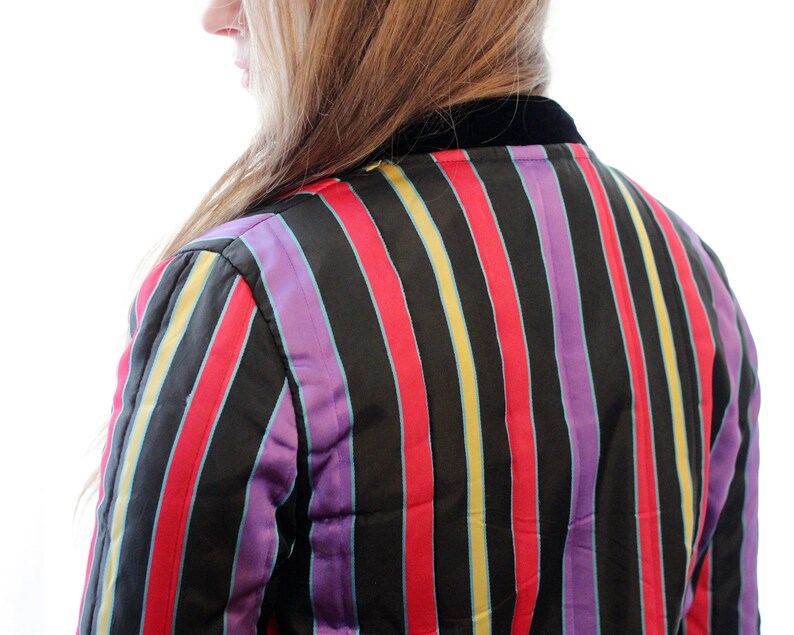 Vintage quilted padded striped black purple red yellow green velvet trim 90s jacket coat with pockets