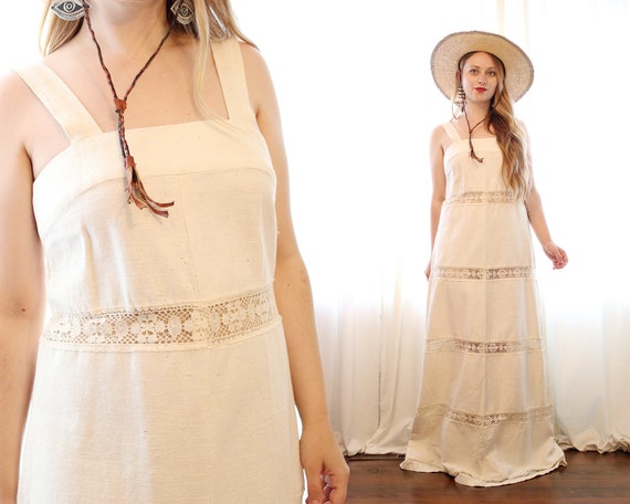 Vintage Mexican cream cotton woven muslin crochet… - image 1