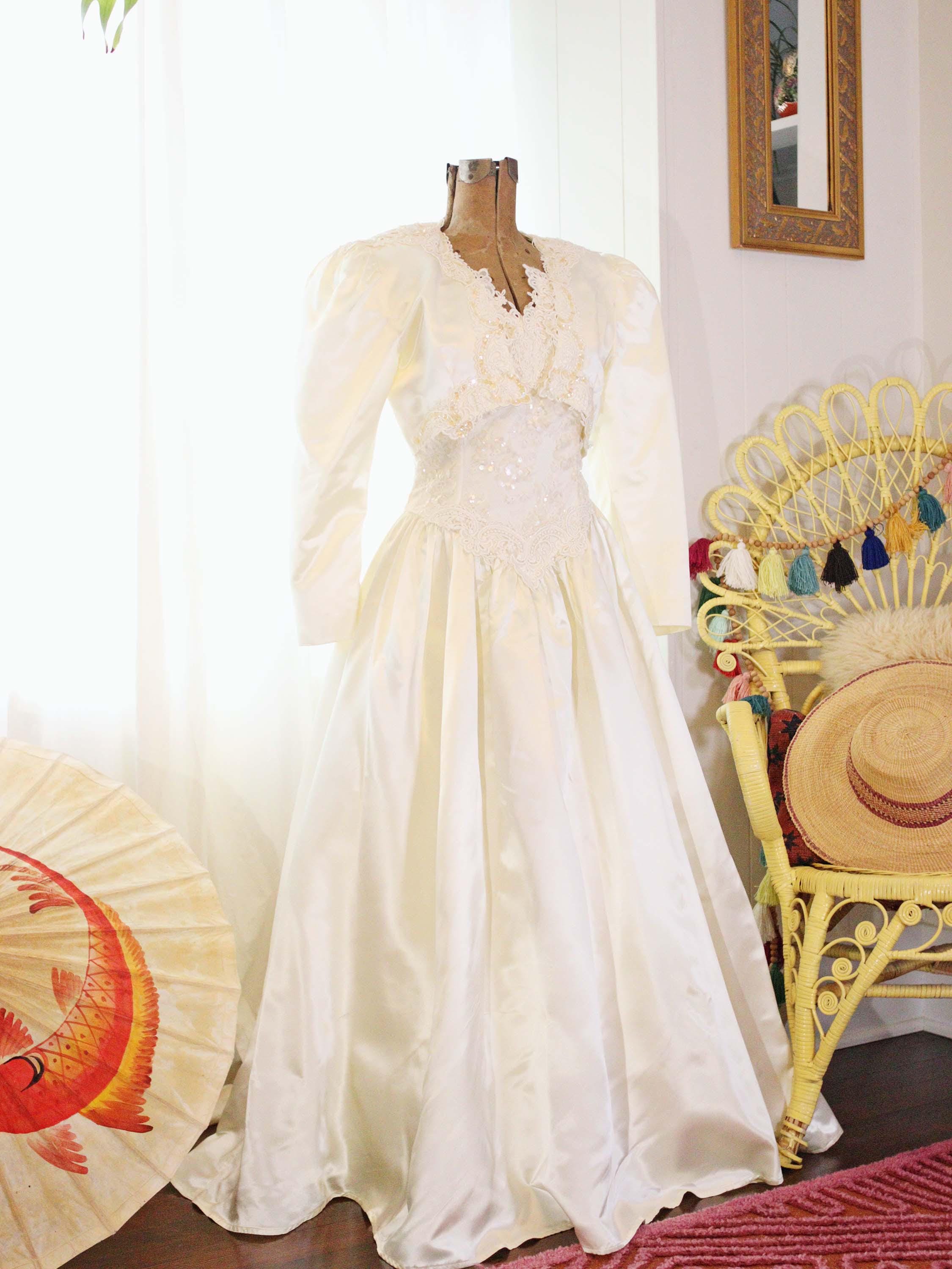 Basque Bolero Vintage Jessica Mcclintock Bridal Wedding Dress Set Ivory Satin Lace ...
