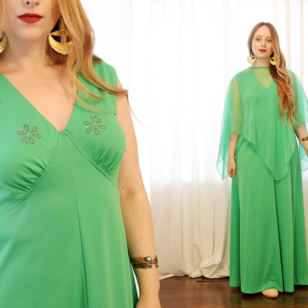 Vintage 1970s Mint jade green sleeveless rhinestone V neck polyester maxi party prom dress  sheer chiffon caplet shoulder cover retro 70s