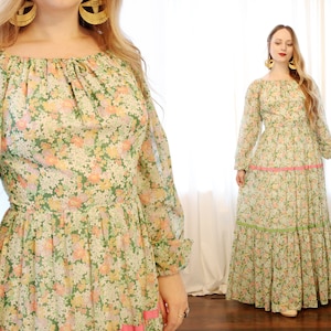 Vintage 1960s pastel green floral cotton voile gauze poet sleeve fitted bodice ribbon trim maxi bohemian hippie part dress 60s cottagecore