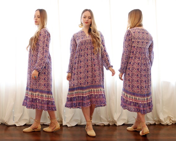 Dreamy Vintage Thin Indian Cotton Gauze Block Printed Purple White Blue  Quilted Top Peasant Sleeve Bohemian Dress Wings 
