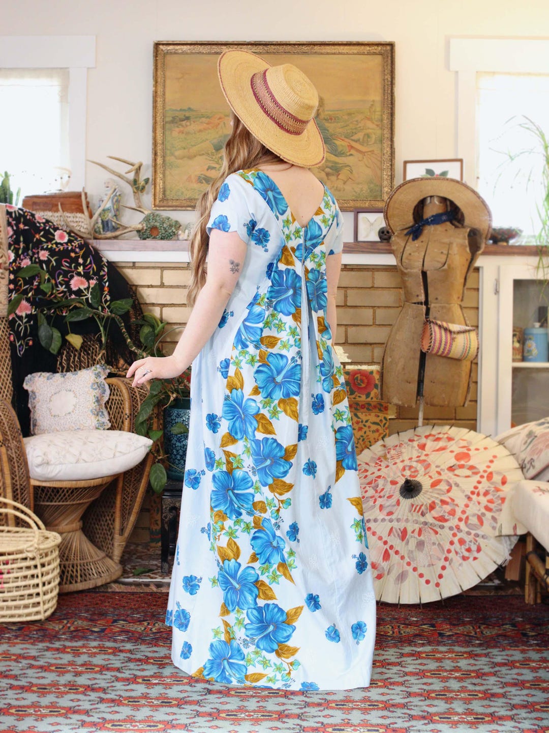 Vintage 1960s Blue Cotton Hawaiian Maxi Dress Short Sleeve Scoop ...