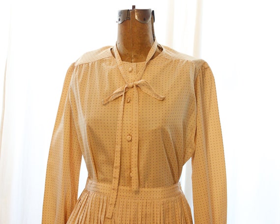 Vintage 1980s Lanvin Designer Tan and Black Polka Dot Print SILK 