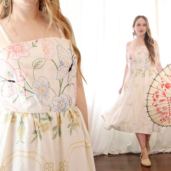 White linen embroidered butterfly appliqué handmade fit and flare midi dress vintage Upcycled handmade boho cottagecore style