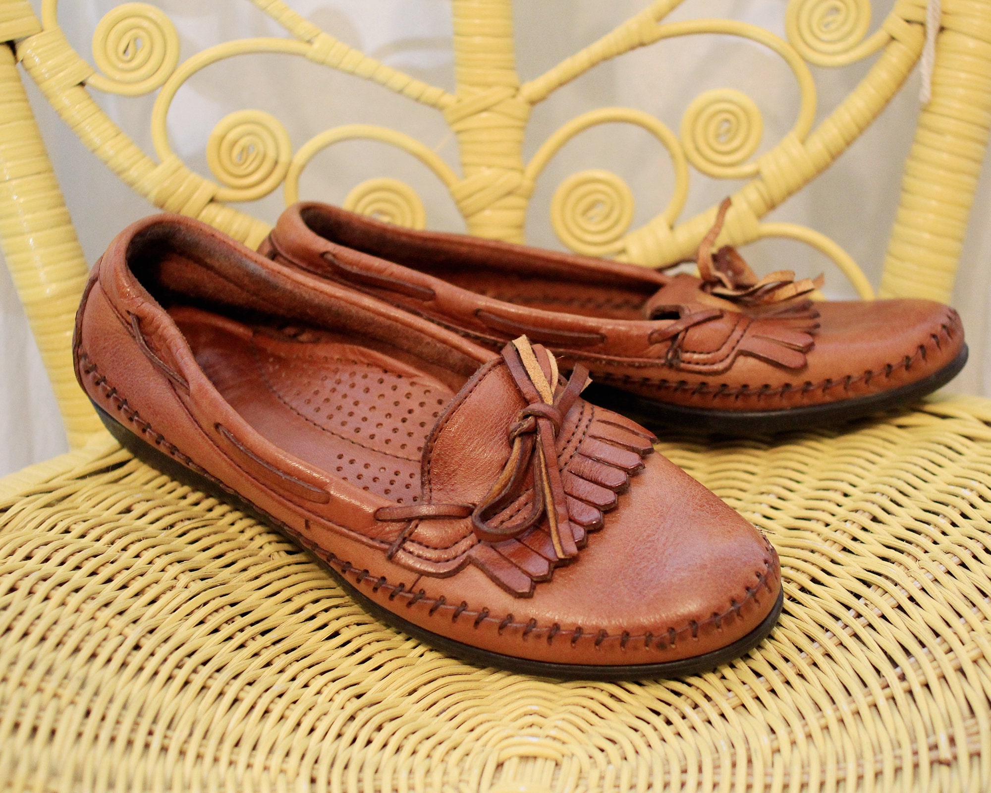 Vintage Dexter Leather Moccasin Kiltie Fringe Stitched Loafers Brown US 5 UK 35 Etsy