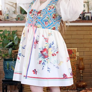 Corset Bodice Mini Babydoll Dress Medieval Revival Renaissance Scoop Neck dirndl Vintage 1960s cotton fruit print picnic fabric Handmade