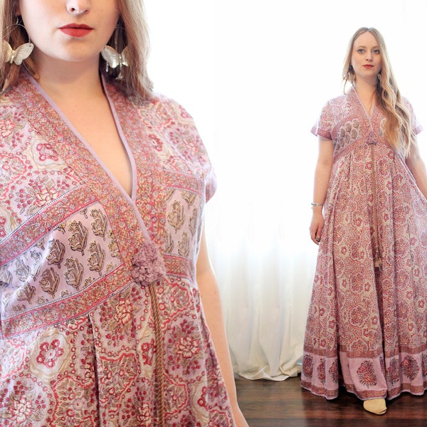 Anokhi vintage Indian lavender purple block printed cotton short sleeve wrap front maxi gown dress tassel ties metallic gold printing boho