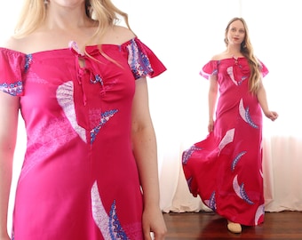 Vintage Malama Sophisticates Hawaii Maxi tie front square neck flitter off shoulder sleeve fuschia pink fan print Dress 1970s 70s